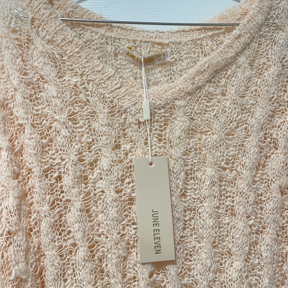 June Eleven Open Knit Sheer Elegant V-Neck Sweater in Cream - Picture 4 of 8